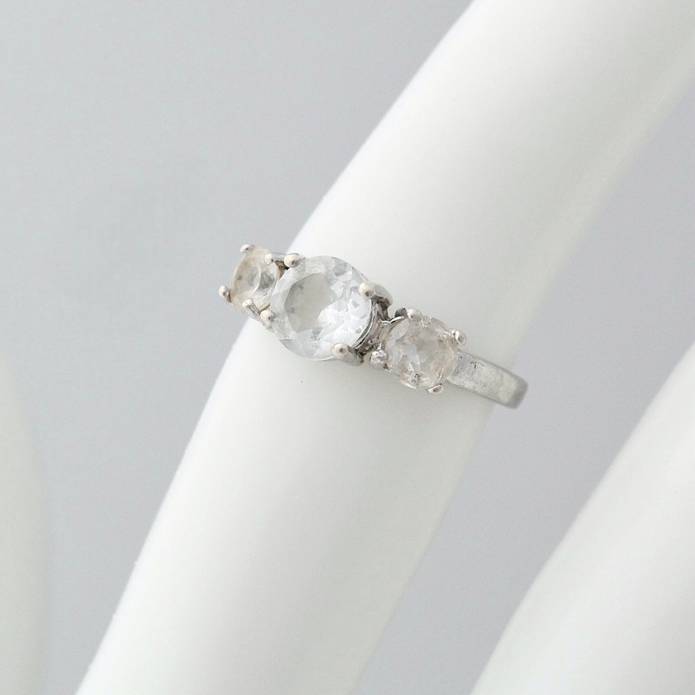 Vintage Clear Quartz Sterling Silver Ring Size 5 Three Stone